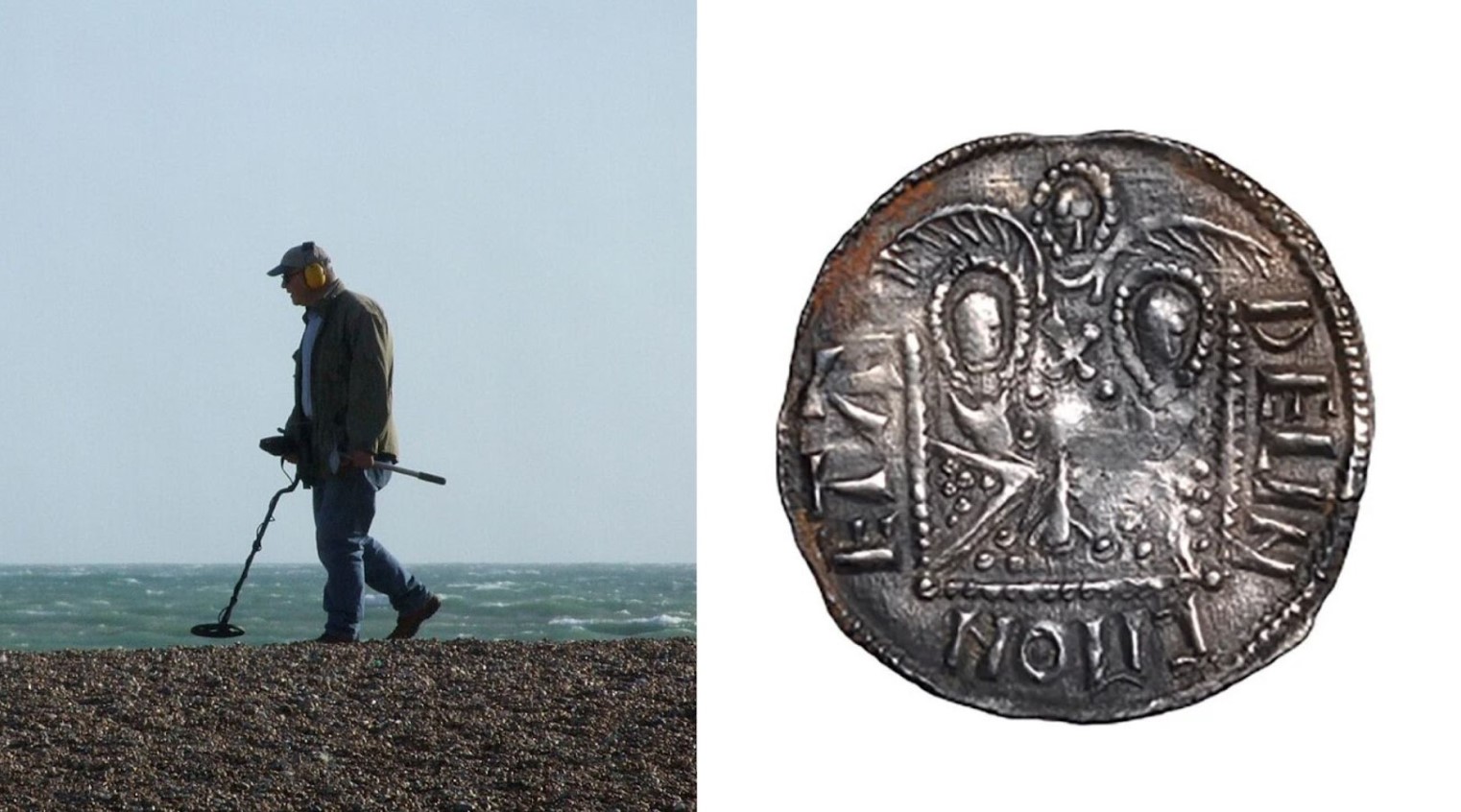 An image of a man walking along a beach with a metal detector in Britain/An image of an Anglo-Saxon coin from the hoard discovered by Powell and Davies