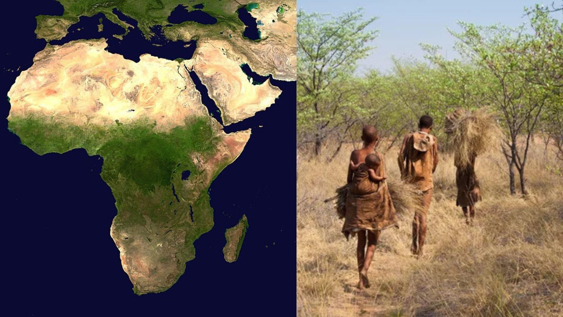 Satellite image of the continent of Africa/People walking through the brush of Africa
