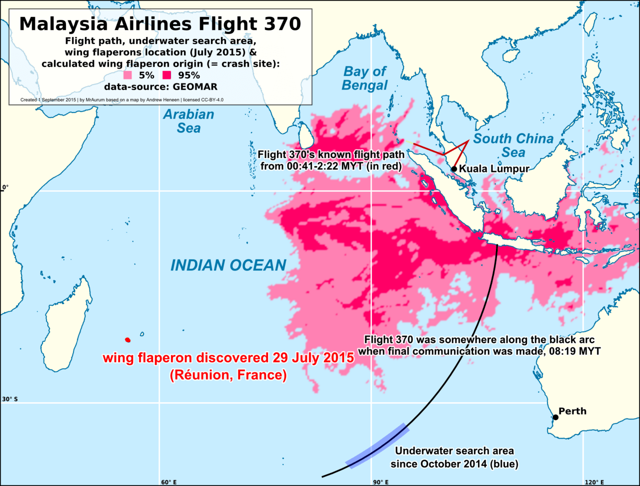 A map of MH370 with GEOMAR calculation of wing flaperon origin.