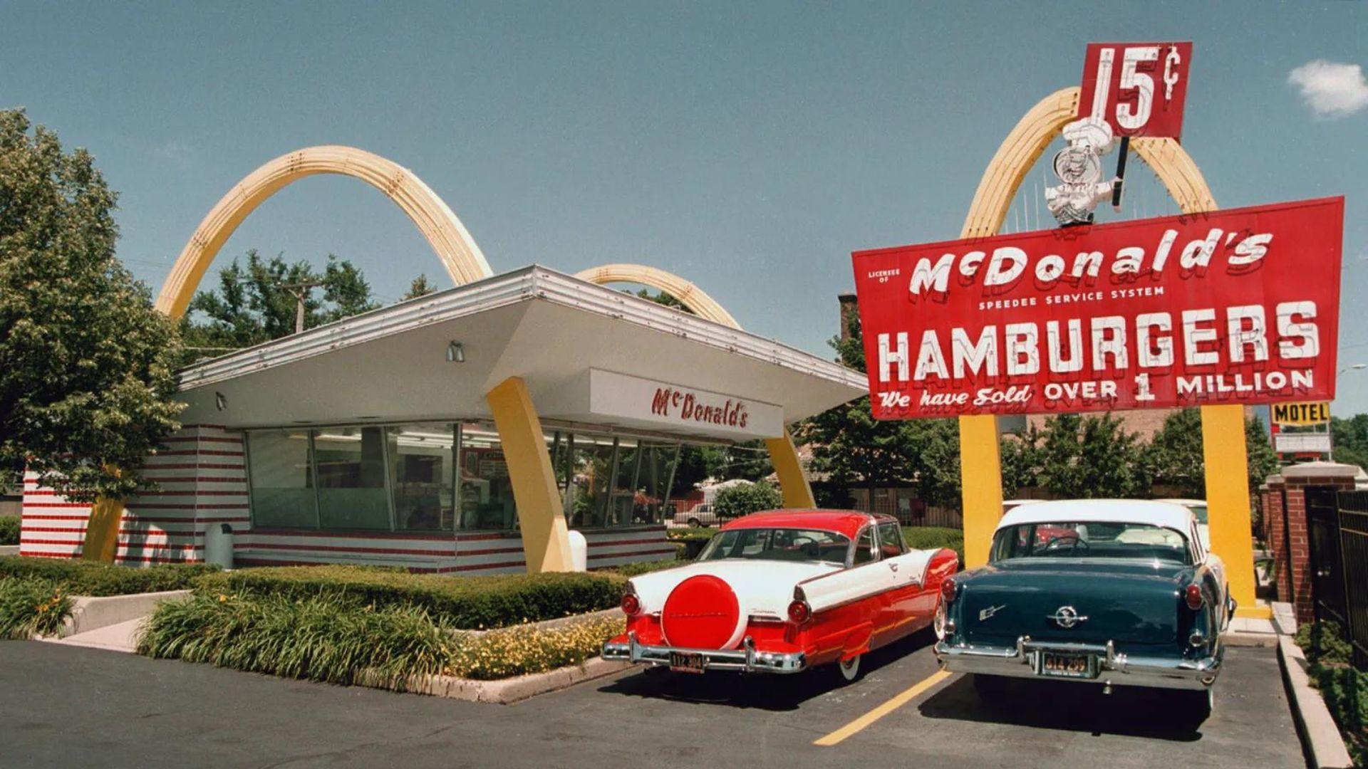 The exterior of a McDonald’s restaurant in the 1960s