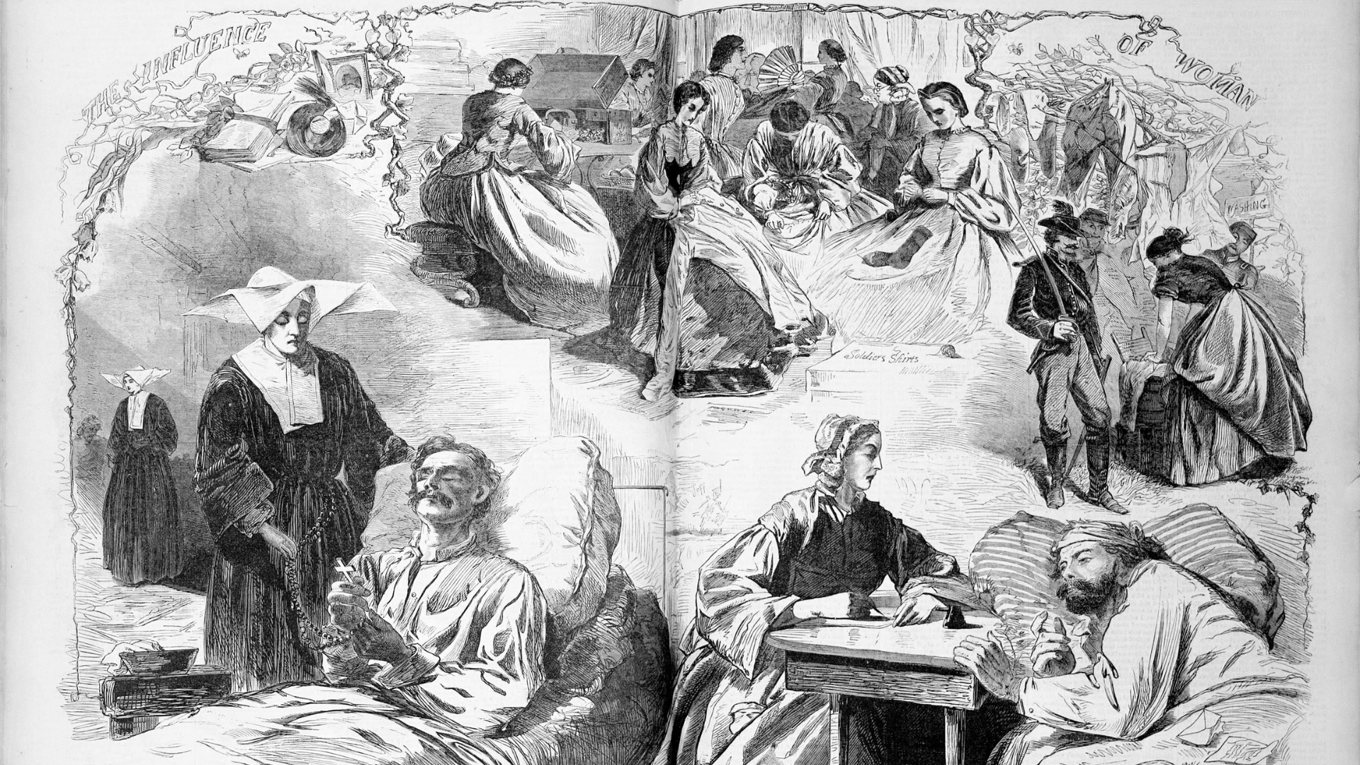 A drawing depicting female nurses during the Civil War.