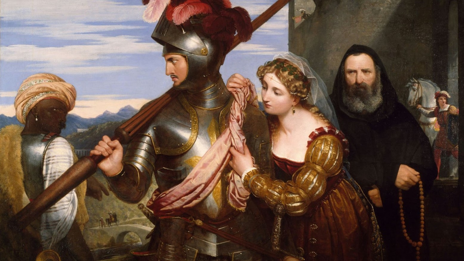 An 1800s painting by Sir Charles Lock Eastlake of a woman and a knight by others.