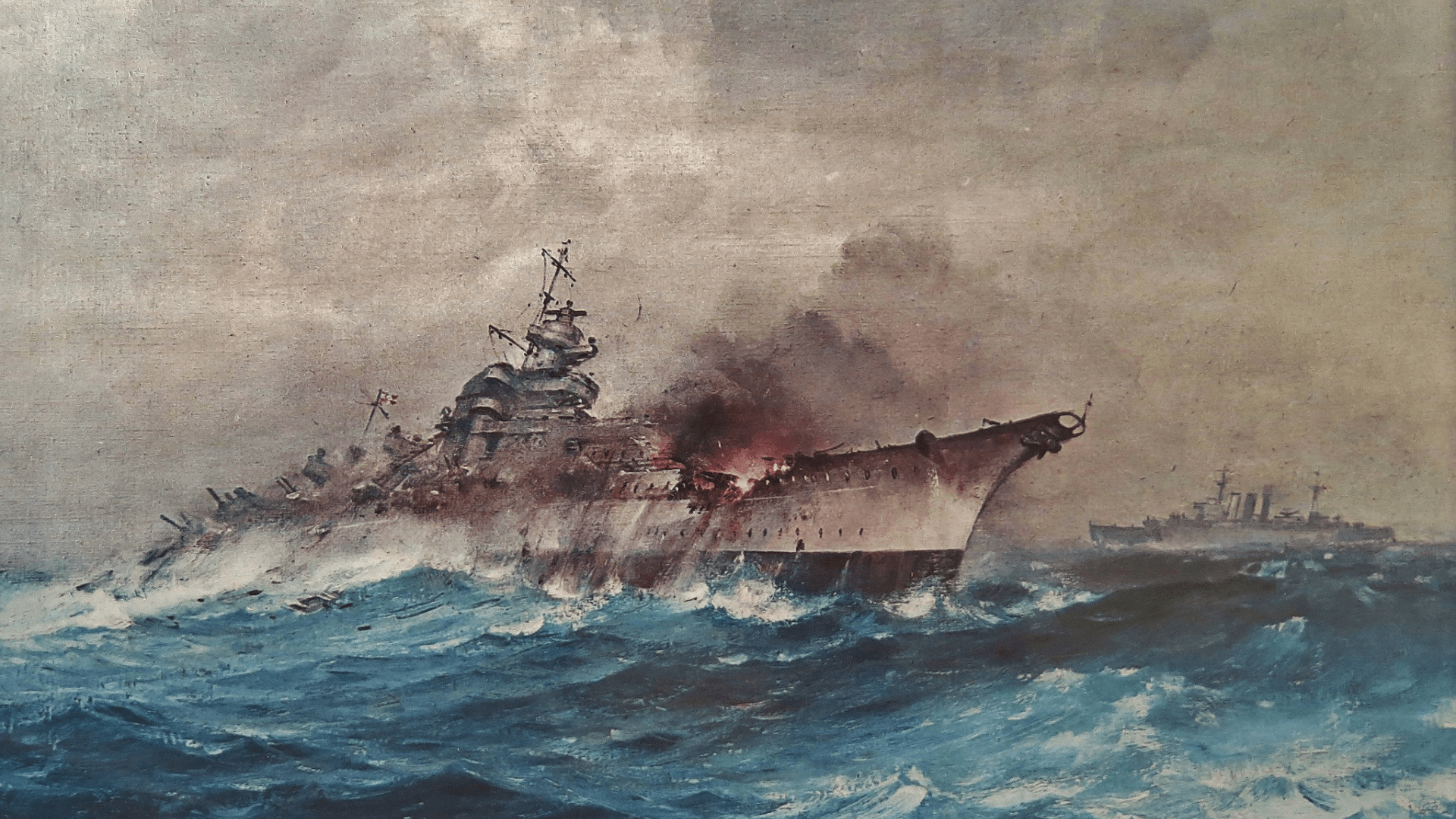 Charles Edward Turner’s painting of the Bismarck with its forecastle on fire. The Dorsetshire floats in the background as it prepares to deliver the final blows to the German colossus.