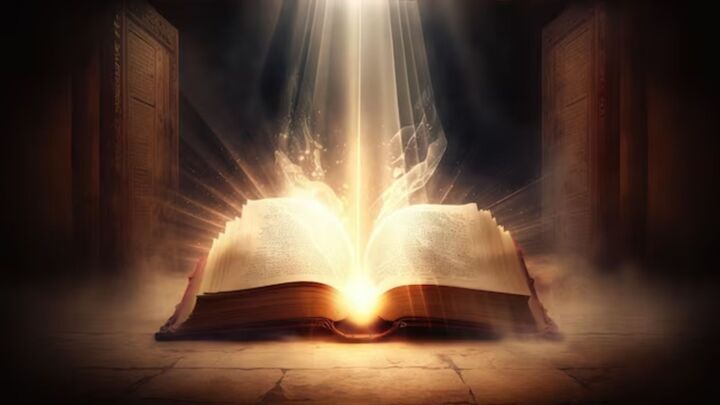 Image of the Bible with a beam of light coming from the pages