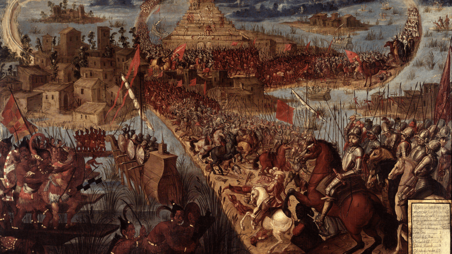 Oil-on-canvas painting depicting the 1521 fall of Tenochtitlan by Spanish conquistador Hernán Cortés, in the Spanish conquest of the Aztec Empire.
