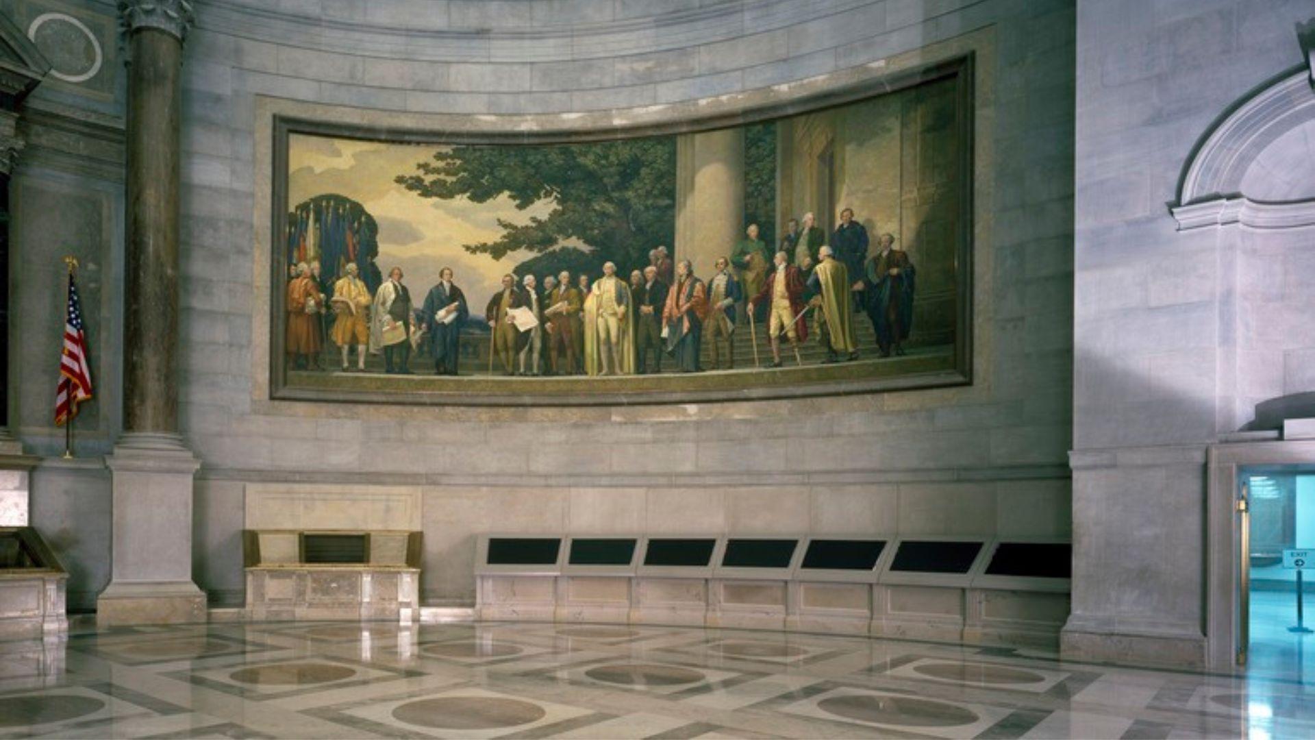 The Constitution mural in the National Archives rotunda building.