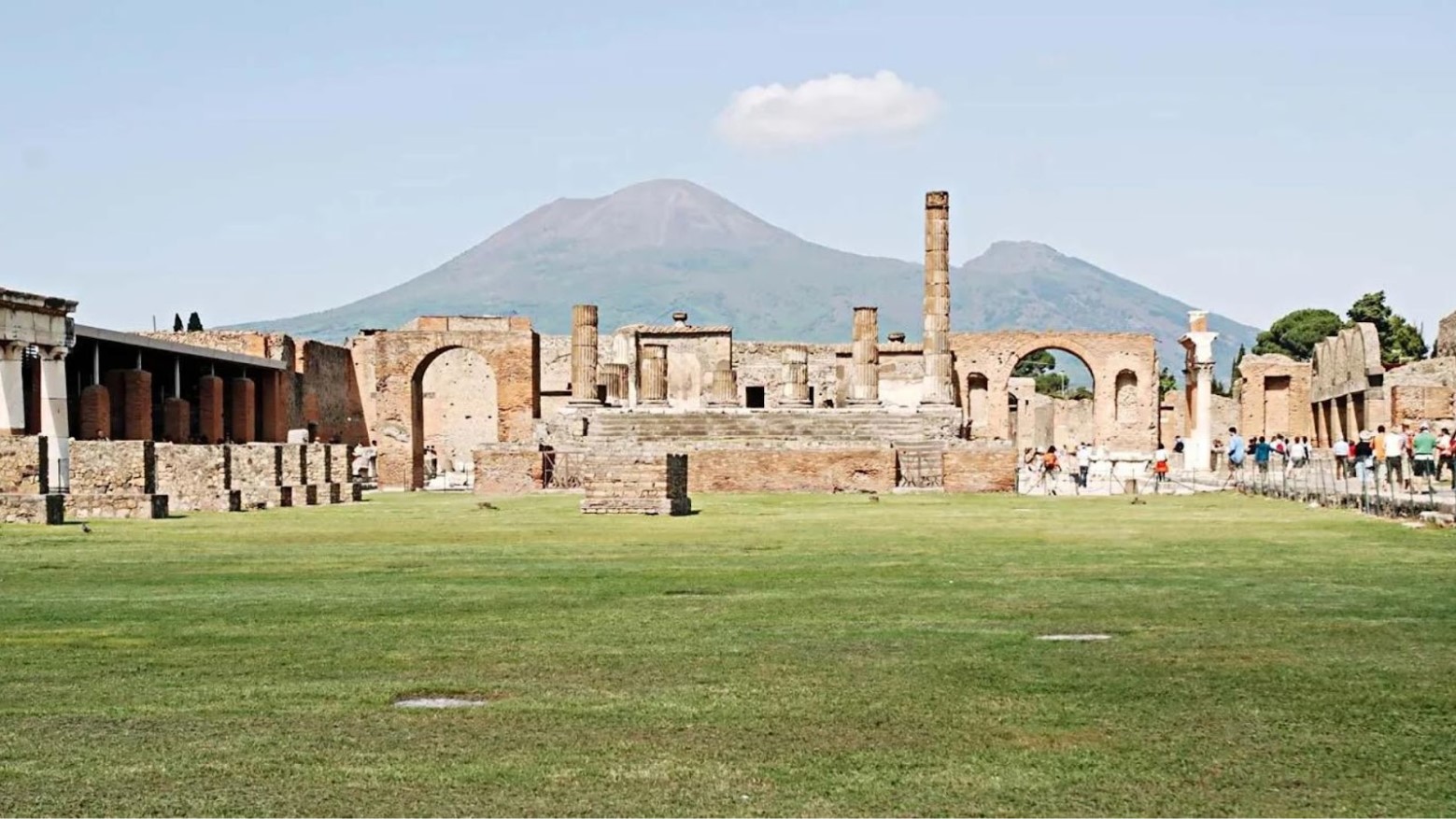 View of excavated archaeological site of Pompeii at the foot of Mount Vesuvius