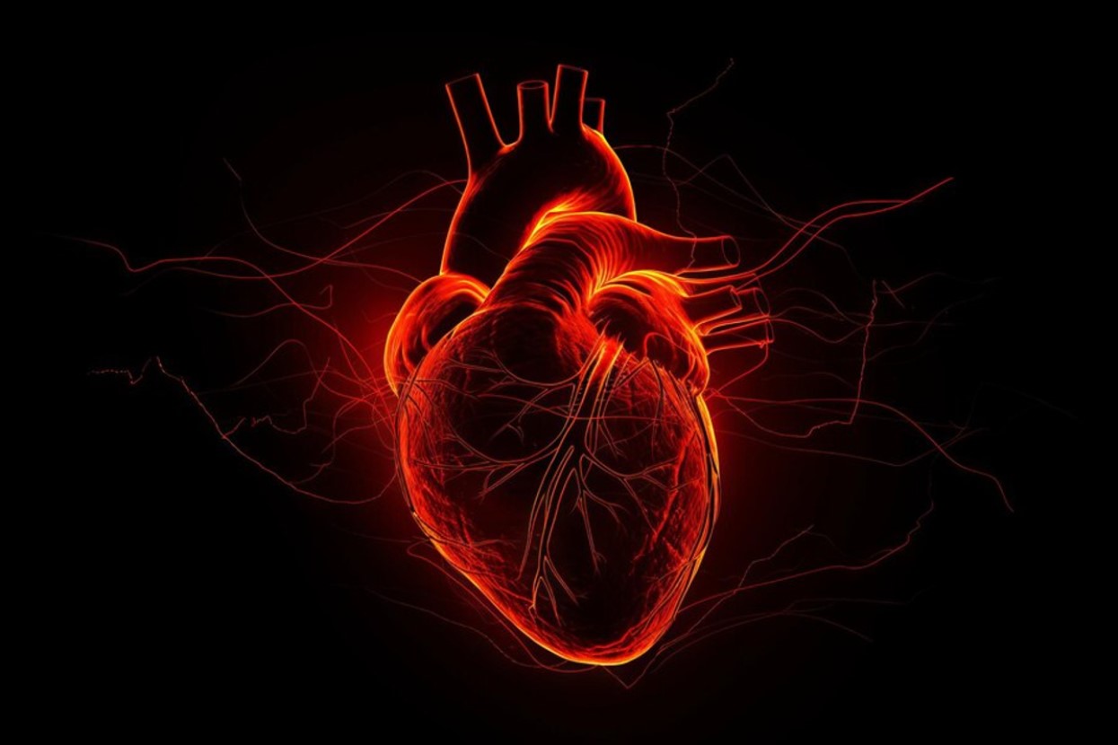 Digital illustration of a human heart in red against a black background