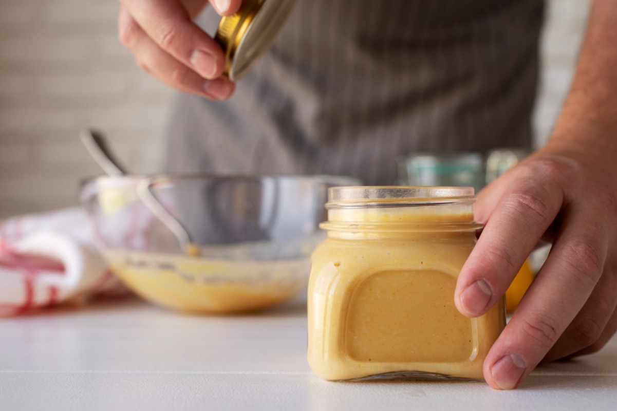 A man pictured with an open jar of peanut butter on his kitchen counter