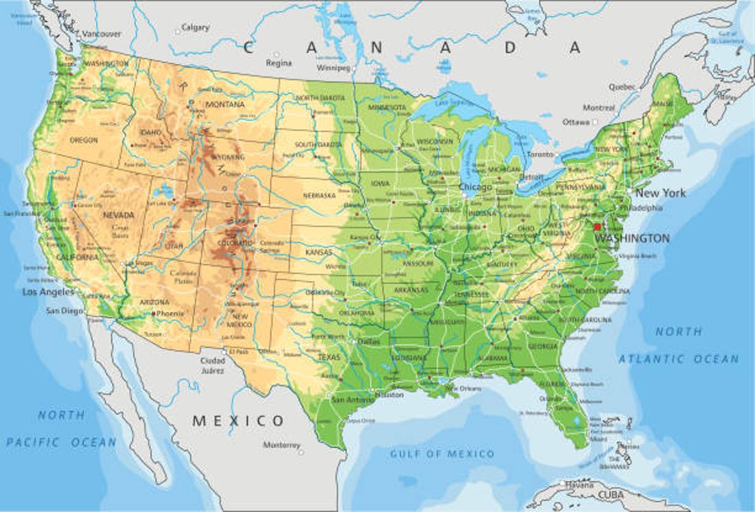 Map of the United States of America including bordering countries and oceans
