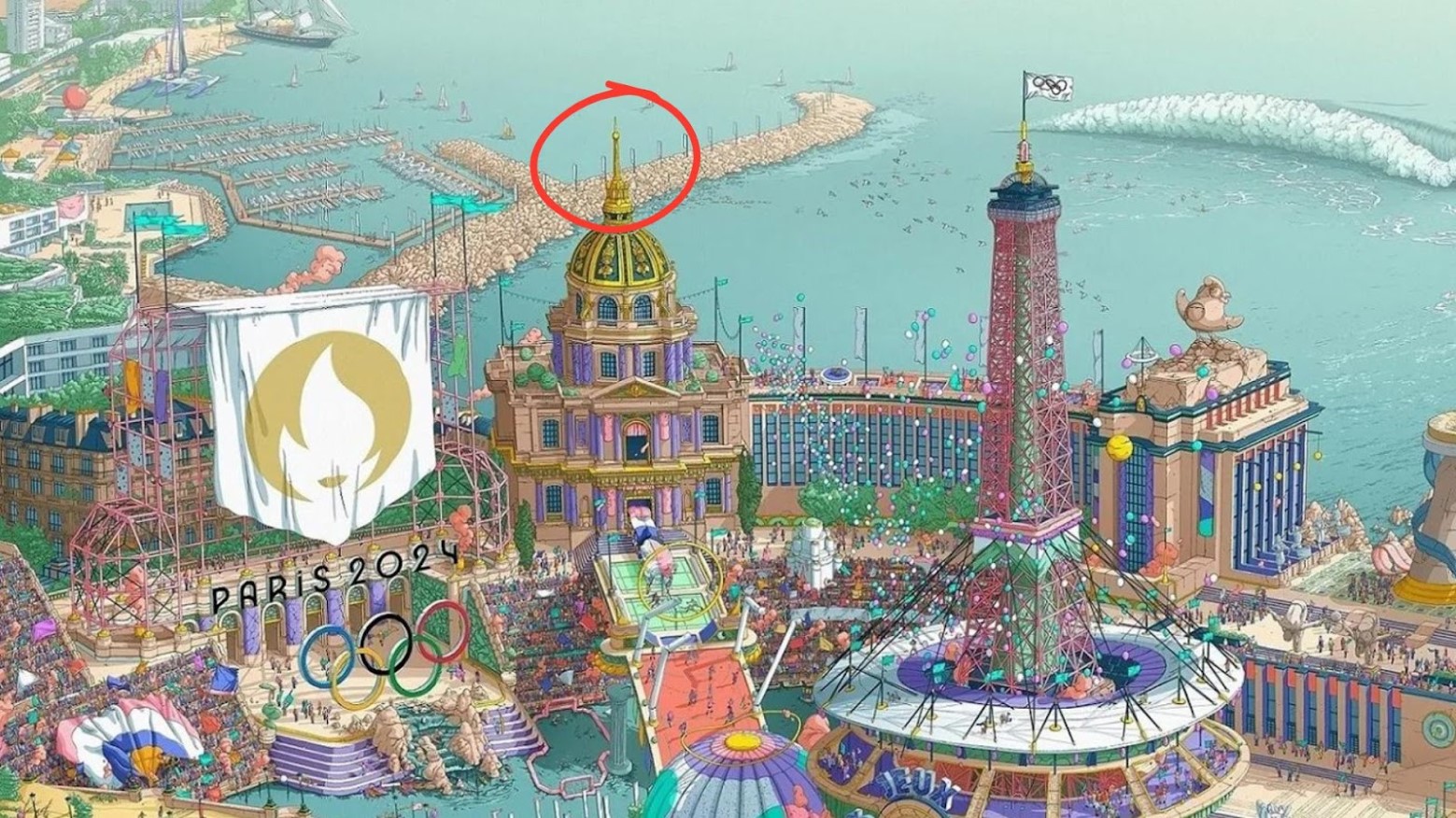Offical poster for the Summer Olympic Games 2024 in Paris, France, with a red circle drawn around the controversial church spire, by artist Ugo Gattoni