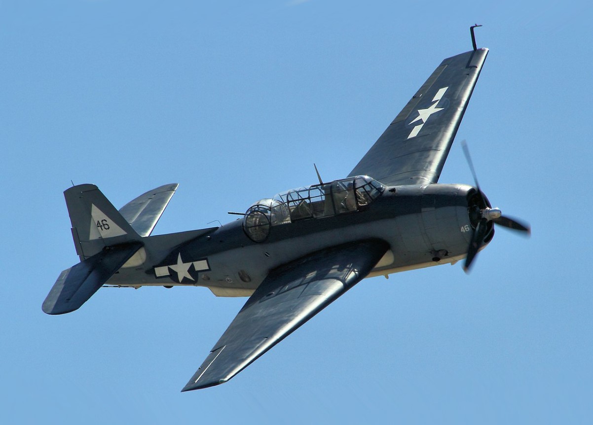 An image of a Navy Avenger aircraft midflight