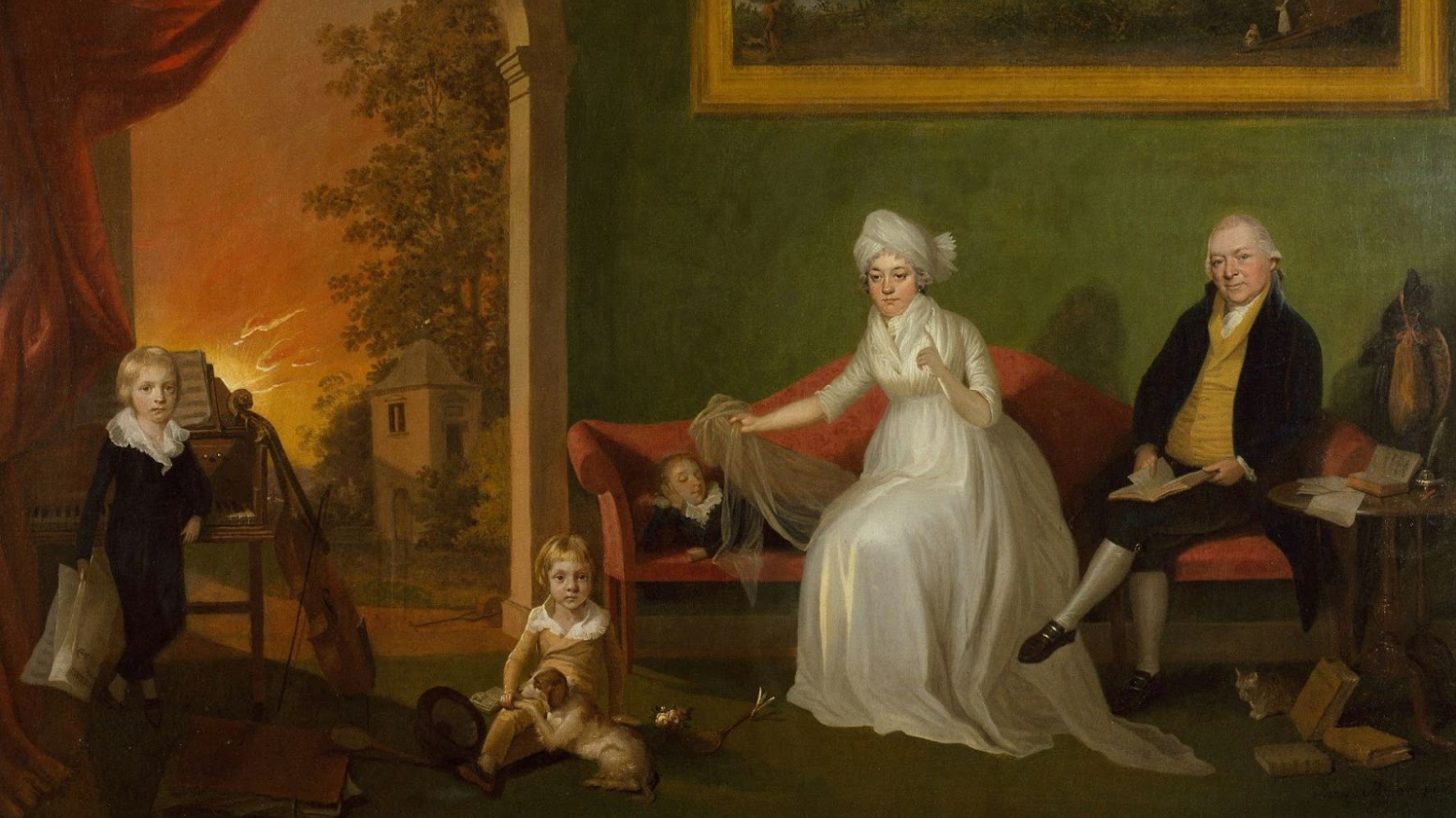 A 1700s painting of a man and wife with their children.