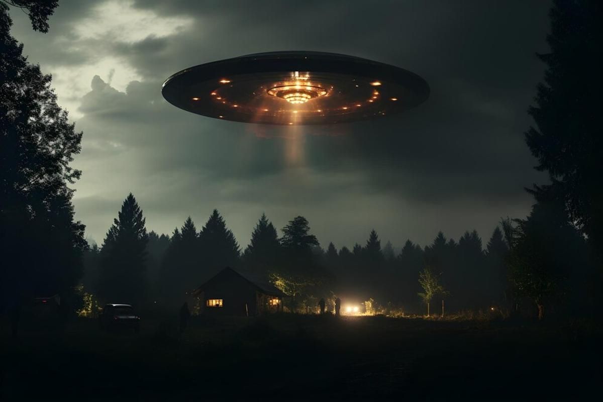 Digital illustration of a UFO landing in a forest