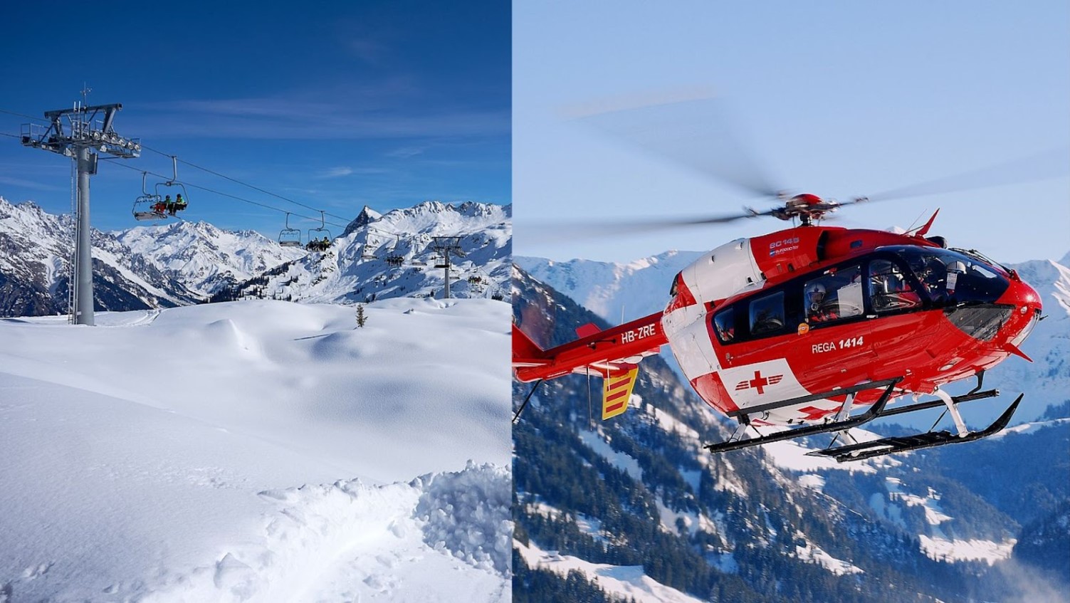 A photograph taken at Ski Arlberg in Austria/A rescue helicopter is pictured flying over snowy mountains