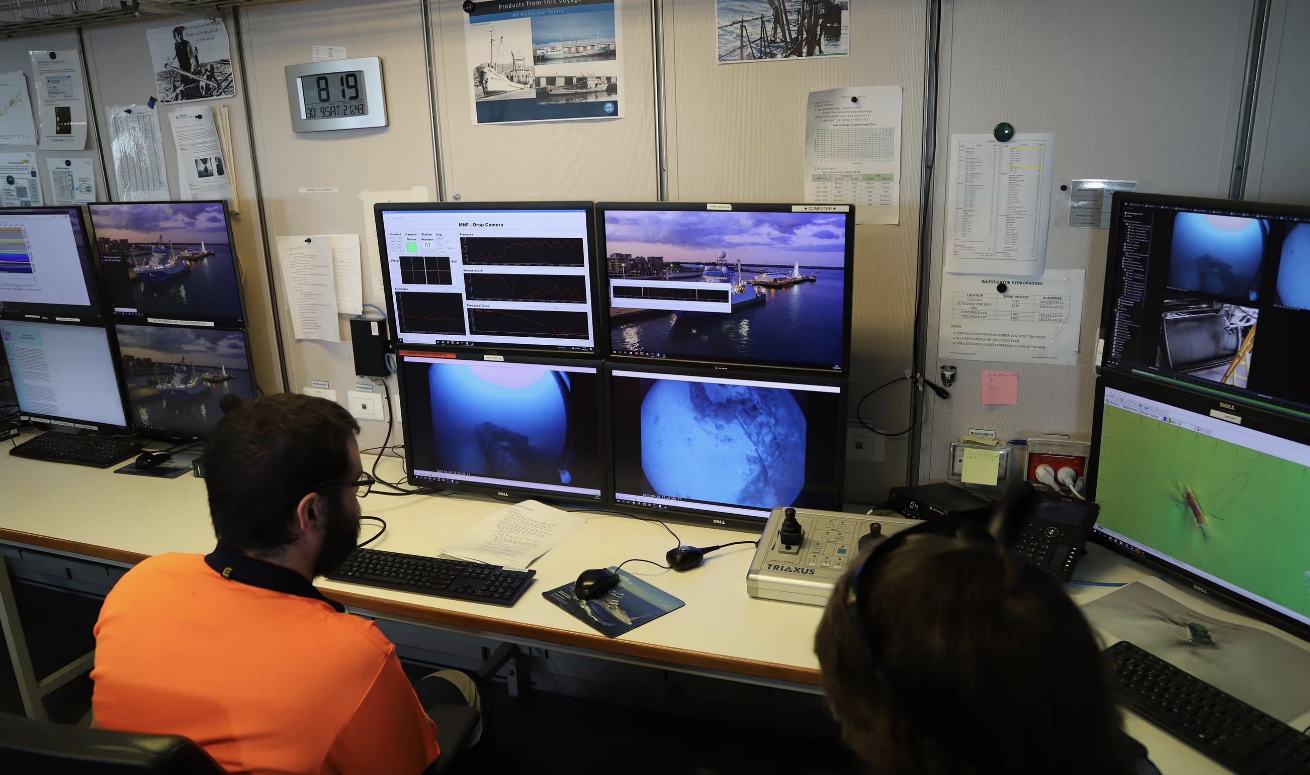Researchers looking at multiple monitors of the S.S. Nemesis