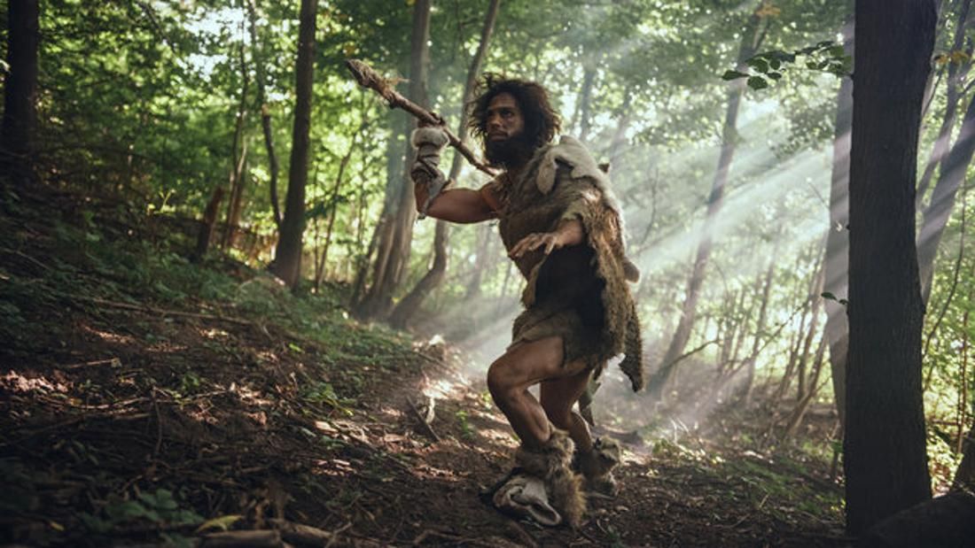 Illustration of an early Homo sapien hunting in a forest