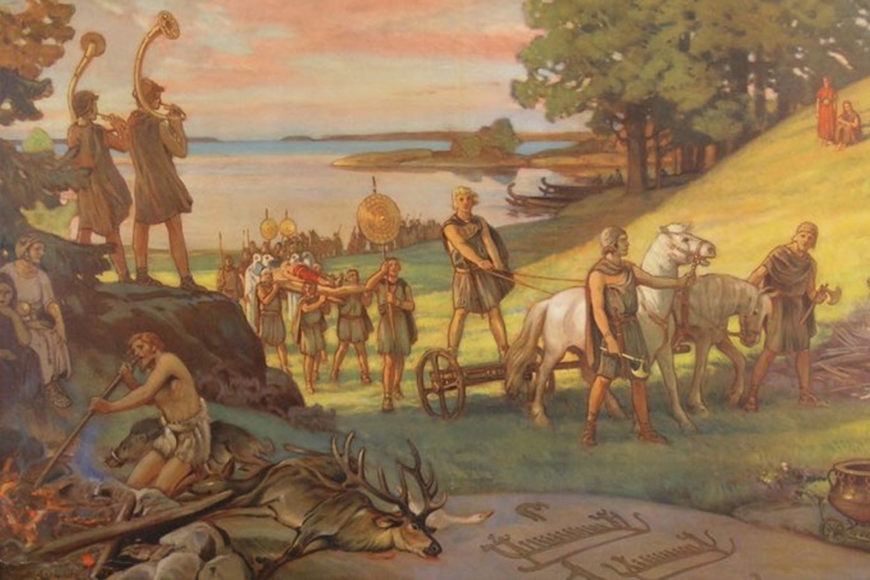 An illustration of a funeral procession during the Bronze Age