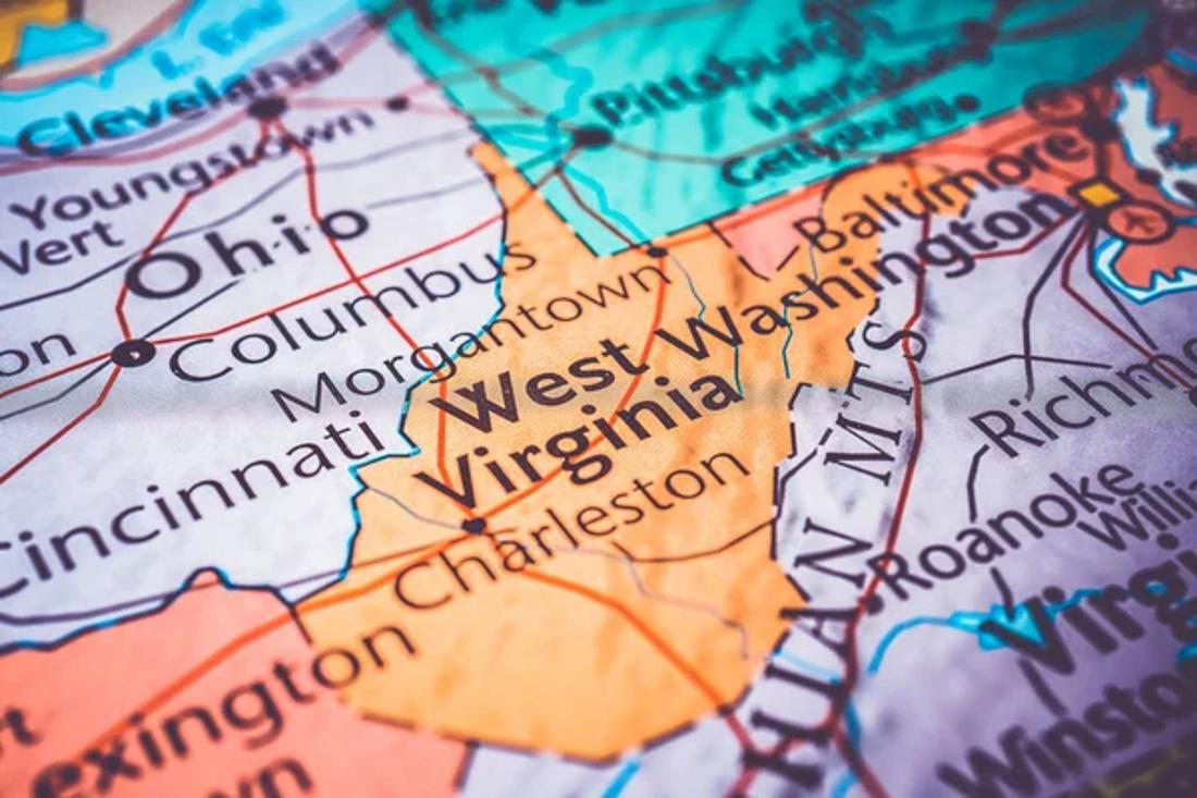 Close-up photograph of a map of West Virginia