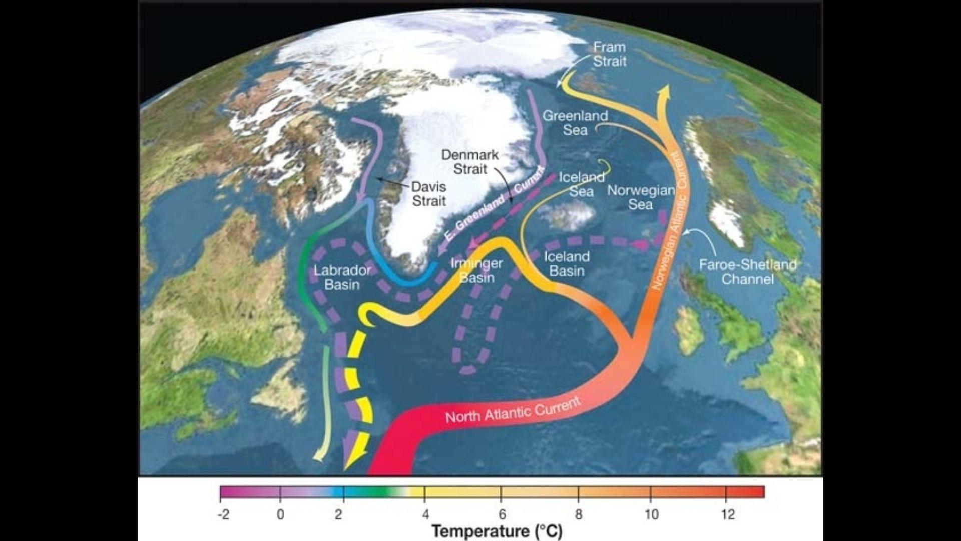 Topographic map of the Nordic Seas and subpolar basins with schematic circulation of surface currents (solid curves) and deep currents (dashed curves) that form a portion of the Atlantic meridional overturning circulation