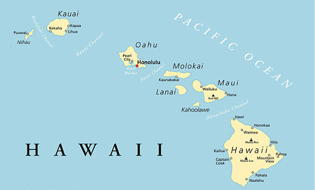 Map of the many islands in the state of Hawaii