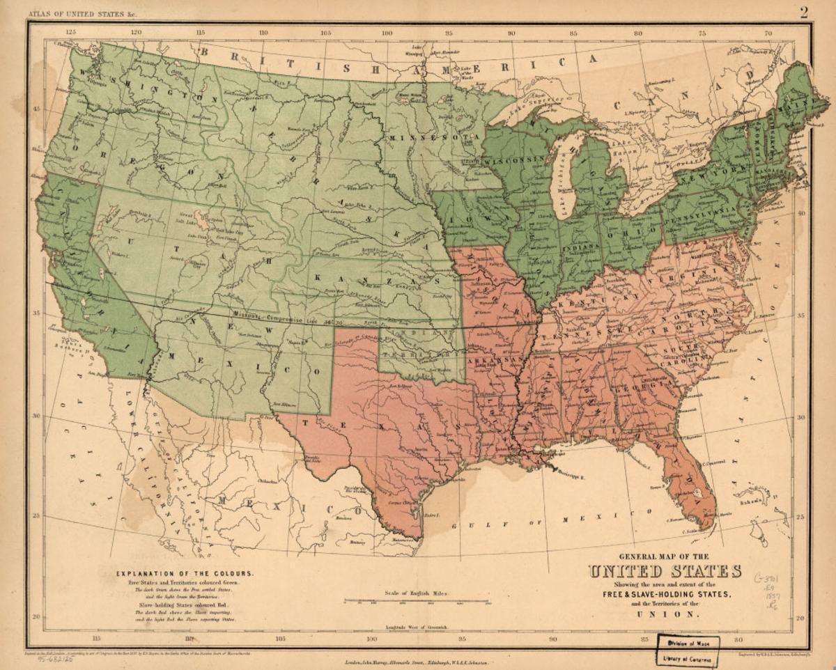 Map of the United States from the Civil War, diving the North and South with colors