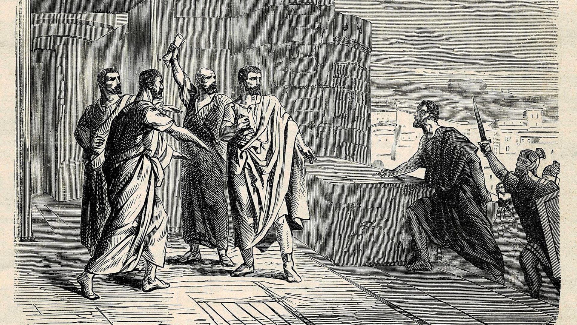 A vintage black and white engraving depicting a scene from ancient Rome where a group of men in togas, presumably Roman senators, are gathered around a table, engaged in serious discussion. To the right, a lictor in darker clothing stands with a raised fasces, a symbol of authority in ancient Rome