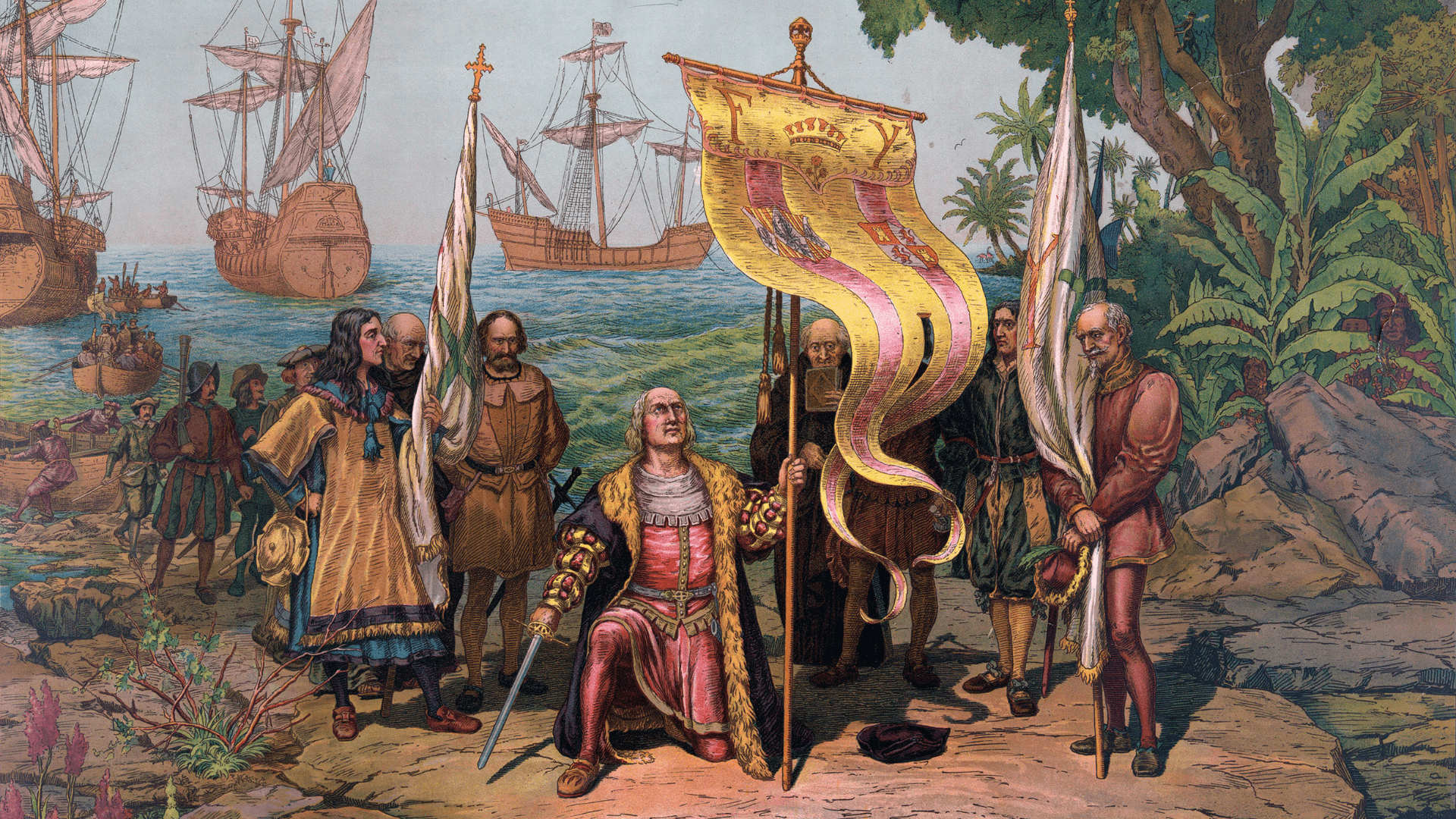 A painting of Christopher Columbus and his men arriving in San Salvador. Columbus is kneeling and holding a flag and has a sword drawn. Three large ships are visible in the background.