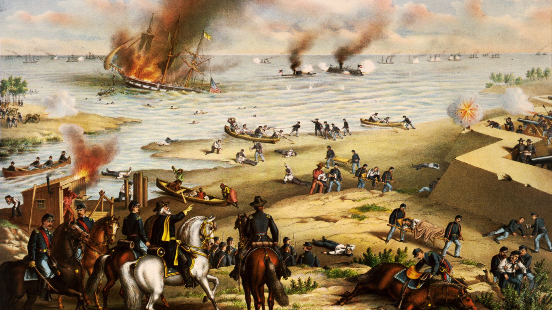 An 1800s painting of the Battle of Hampton Roads in the Civil War.