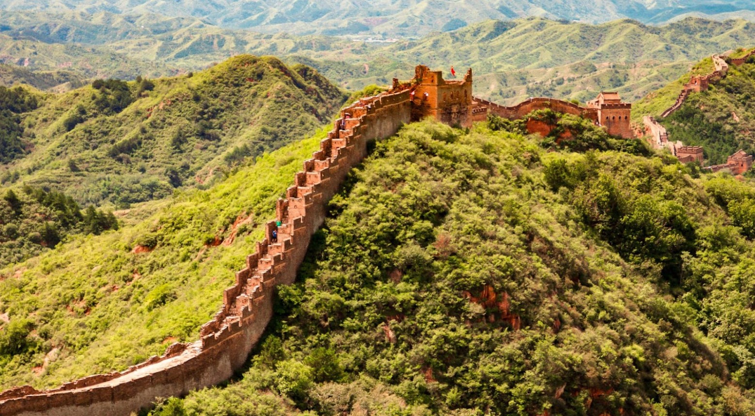 The Great Wall of China. The wall goes up a hill and there are green trees and bushes on either side of it.