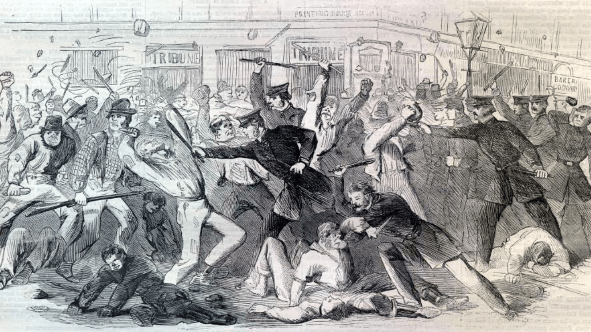 A drawing depicting the Civil War Draft Riots of 1863 in New York.