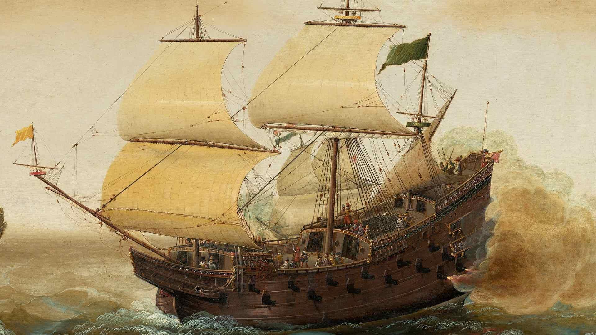 A painting of a Spanish Galleon.