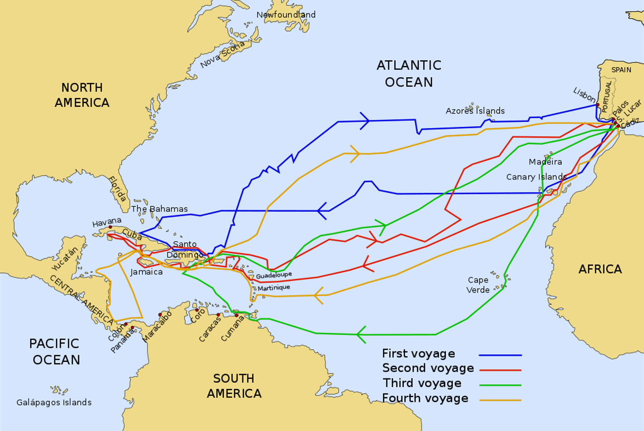 The routes of the four Voyages of Christopher Columbus from 1492-1504