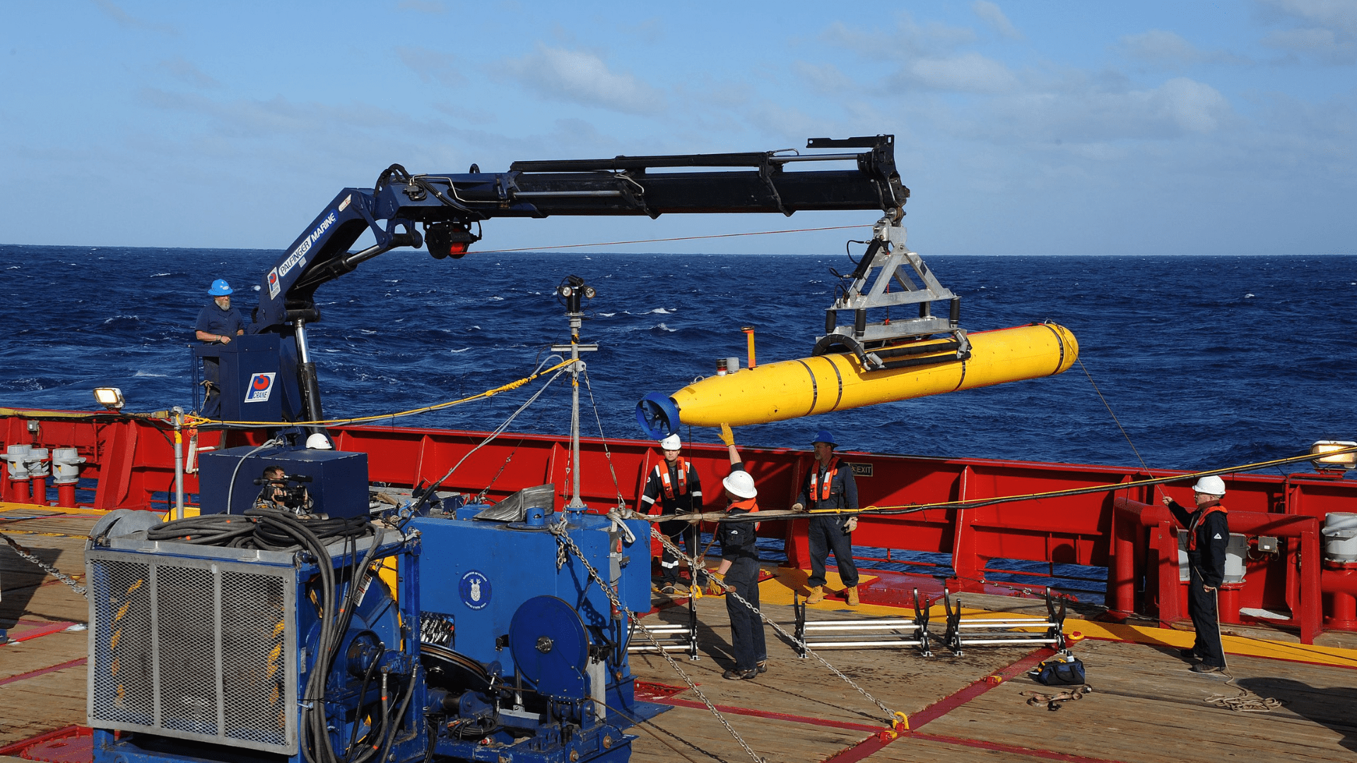 The Bluefin 21 Artemis autonomous underwater vehicle (AUV) is hoisted back on board the Australian navy vessel Ocean Shield after successful buoyancy testing. Joint Task Force 658 is supporting Operation Southern Indian Ocean, searching for the missing Malaysia Airlines Boeing 777.