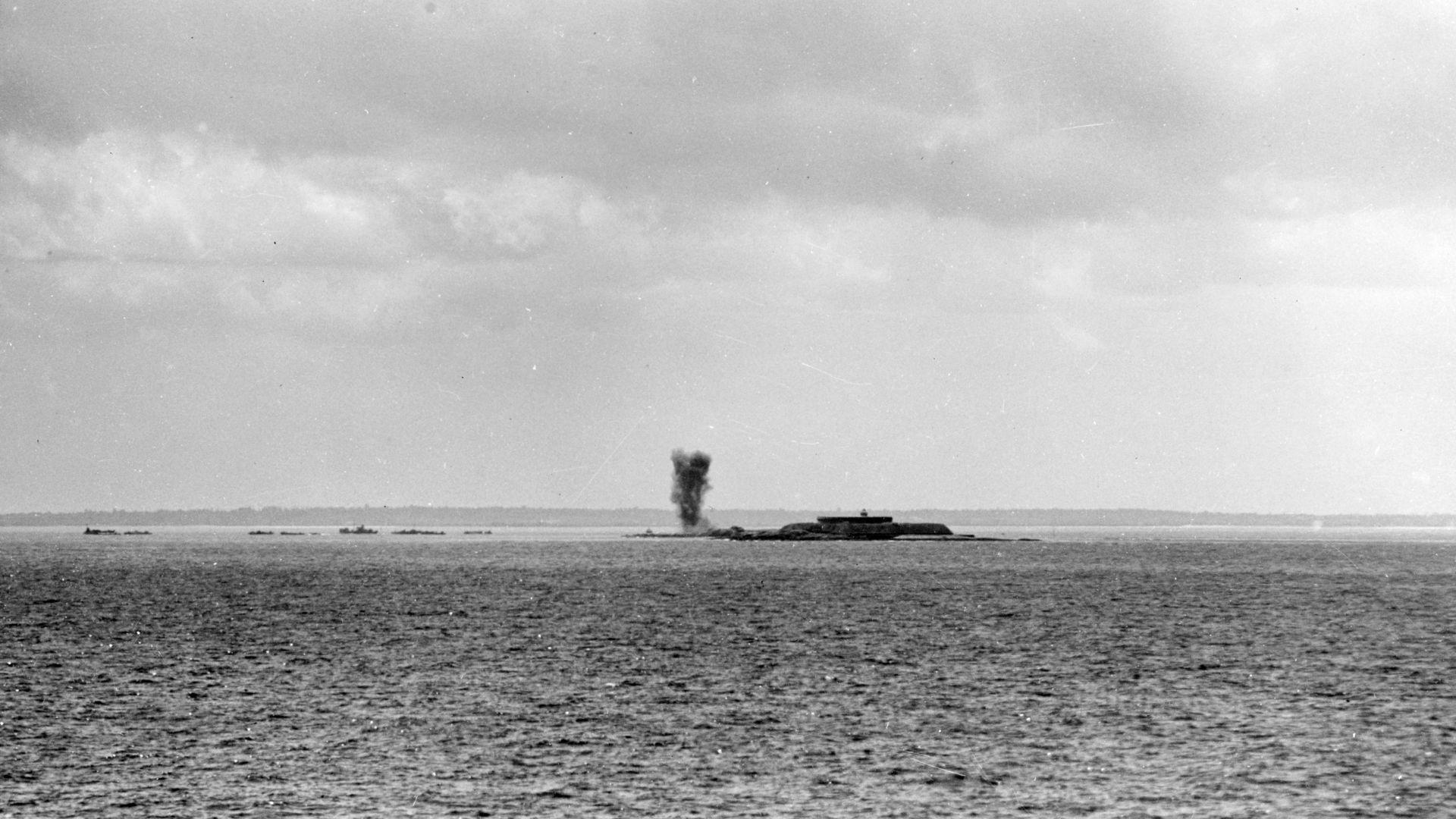 An explosion seen in the water during D-Day in World War II