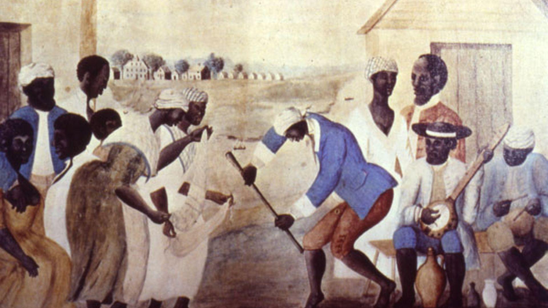 A historical painting depicts African American individuals engaged in various activities. In the foreground, a man in a blue coat and hat is breaking ground with a hoe, while another man seated to the right plays a banjo