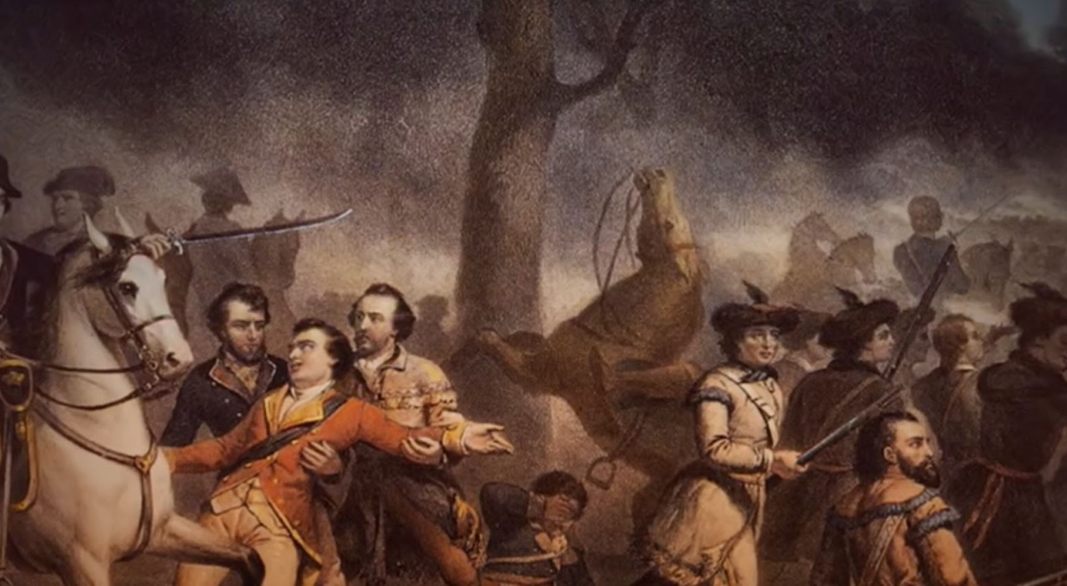 A painting of the American Revolution. There are soldiers on horses, people on the ground fighting, and two men are trying to hold up another man.