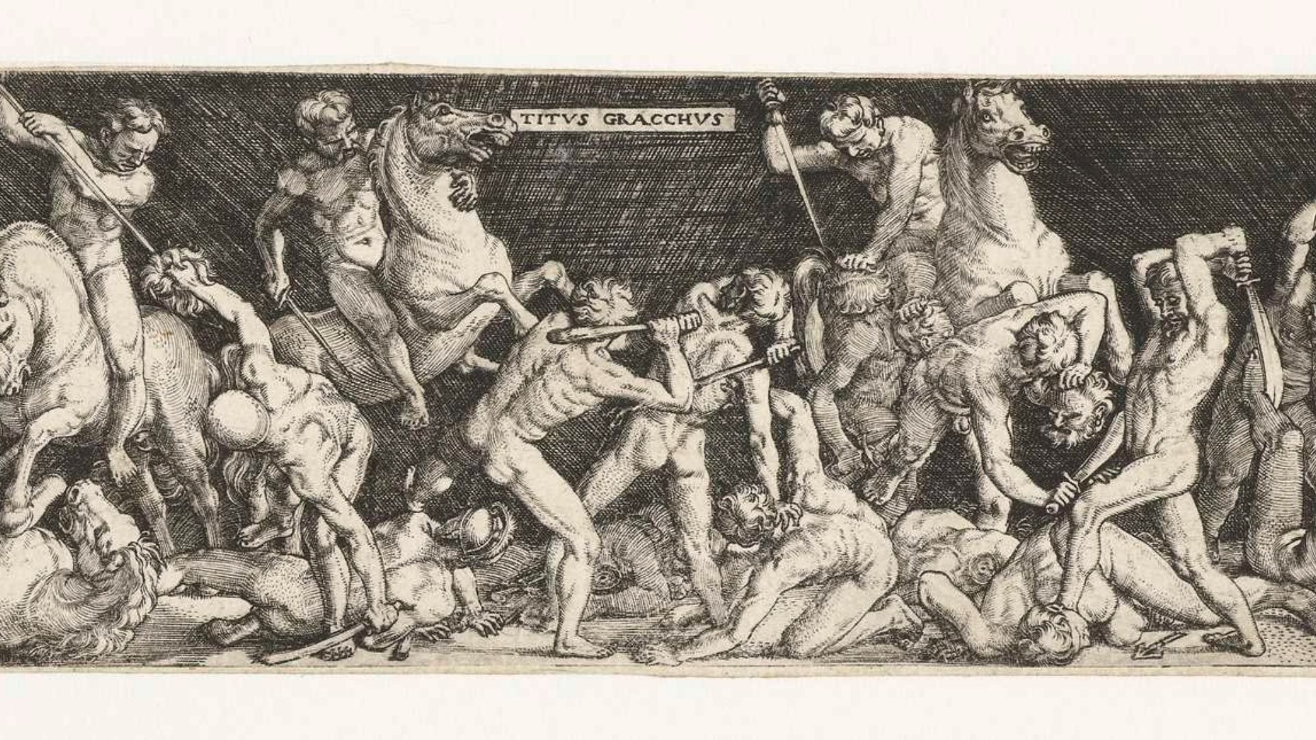 A detailed black and white engraving depicting the chaotic and violent death of Tiberius Gracchus. The scene is filled with numerous figures in a state of aggression and turmoil. At the center, Tiberius Gracchus is being attacked by a group of men. Some figures are on horseback, while others are engaged in combat on the ground