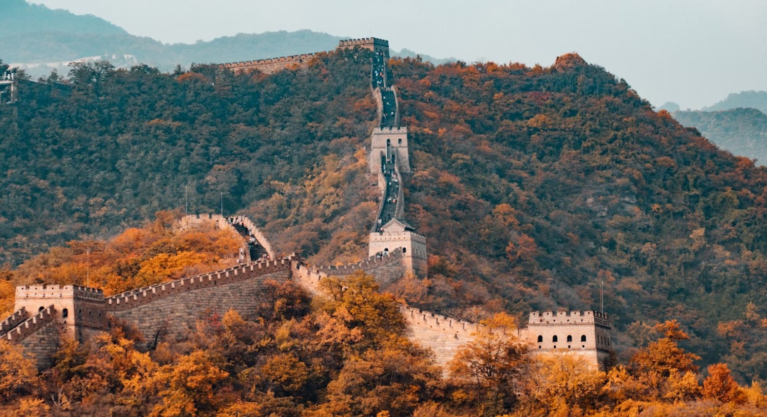 An image of the Great Wall of China. The wall goes upwards the further back it goes and is surrounded by trees and bushes.