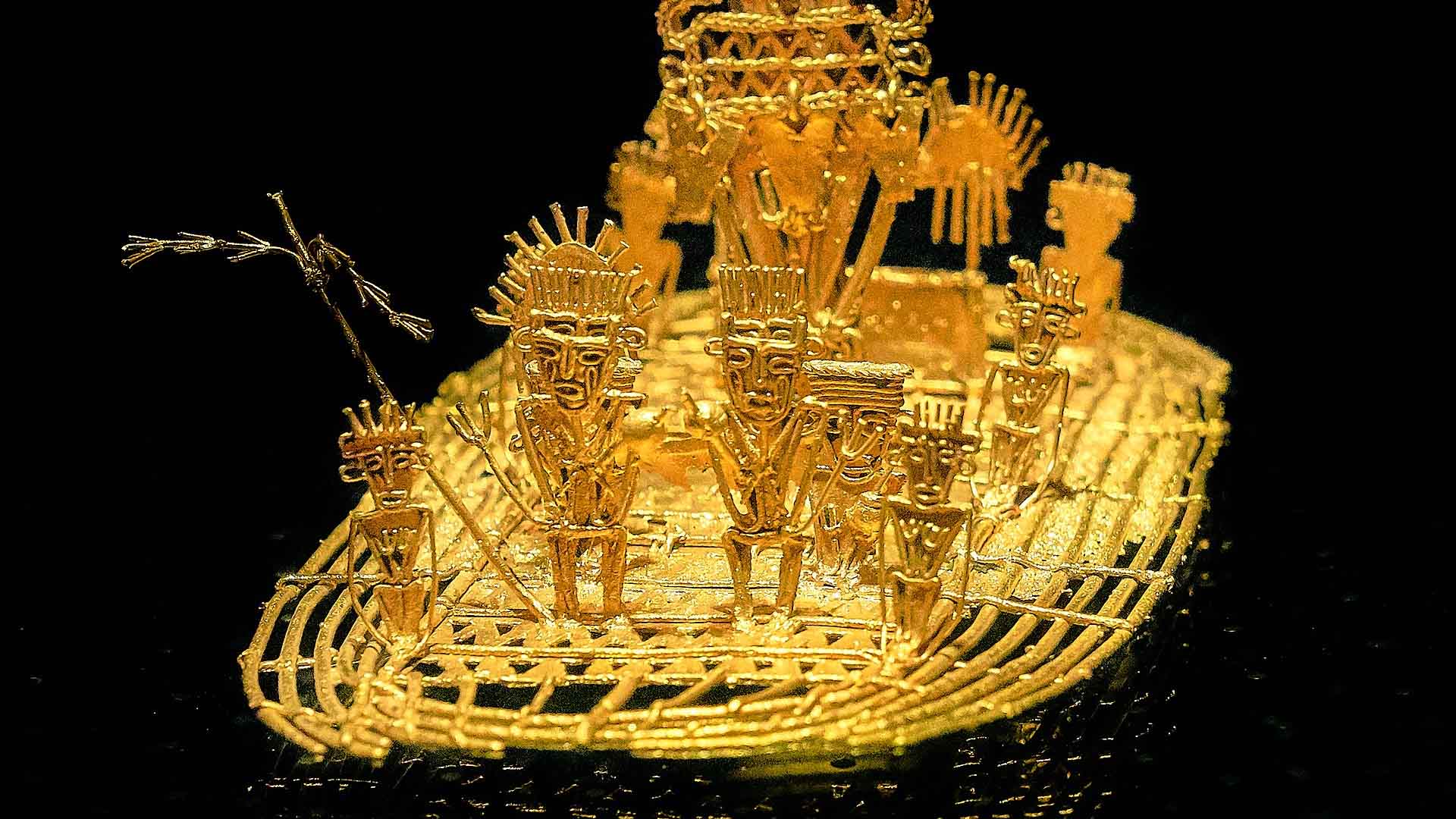 Muisca raft in the Gold Museum, Bogotá, Colombia. This raft made of gold was found in Pasca, Cundinamarca, in 1969, and is associated with the legend of El Dorado, representing the ceremony that used to take place in Lake Guatavita where the zipa would cover his body in gold dust and drop gold and emerald offerings into the lake.