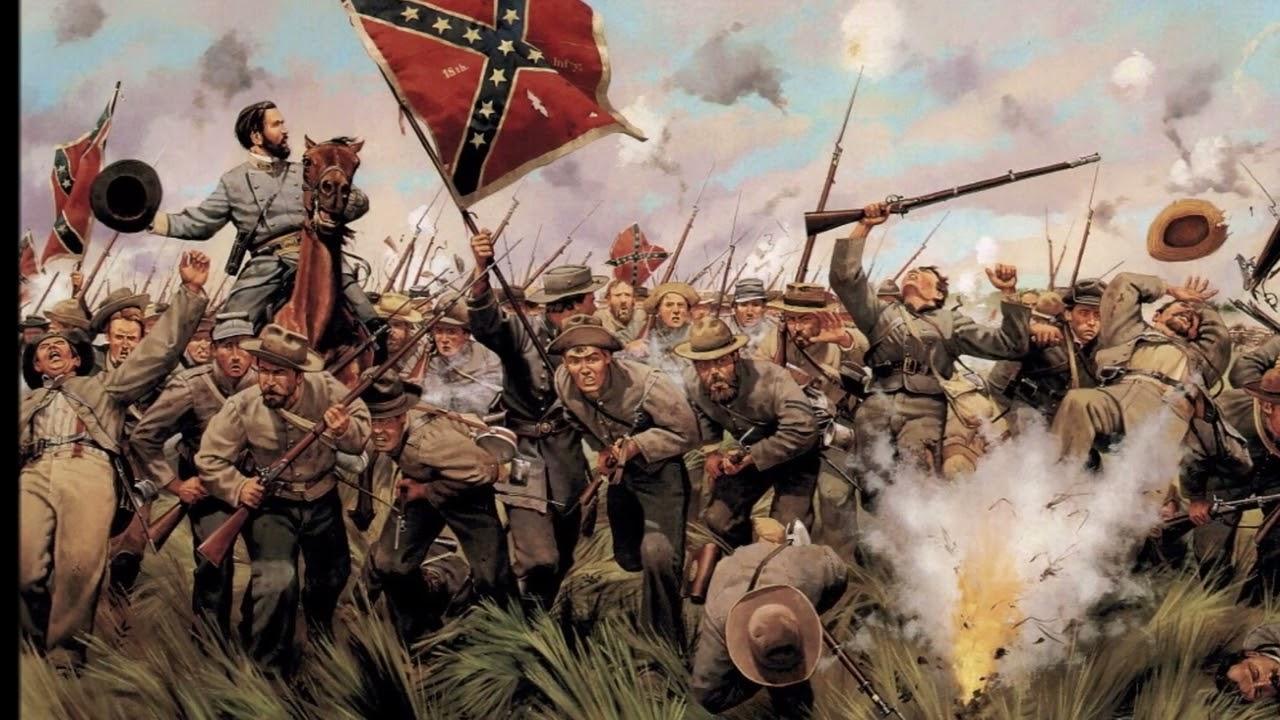 Painting of soldiers in the Confederate army fighting in the Civil War