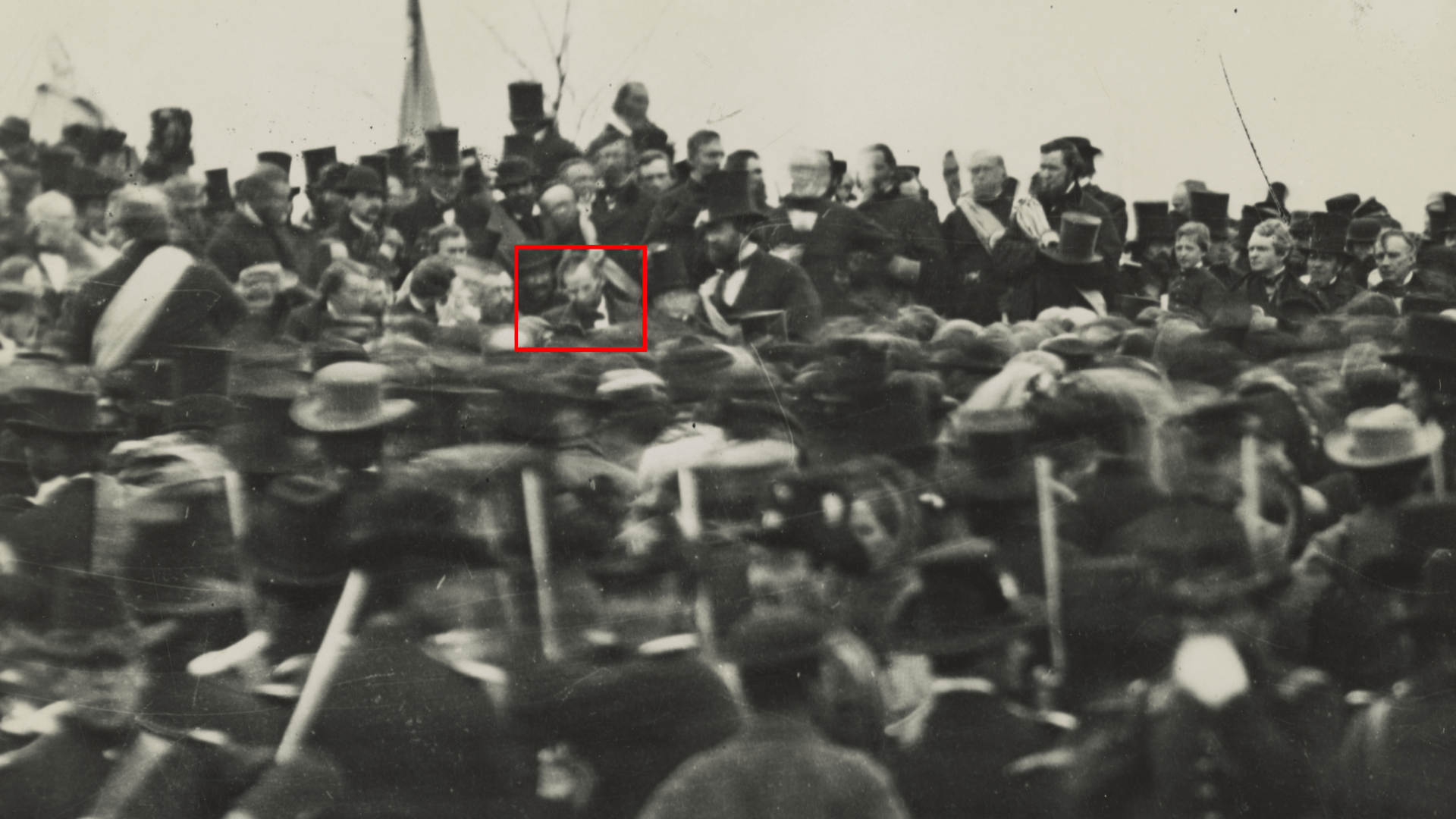 Abraham Lincoln (in the center) at the dedication of the Soldiers’ National Cemetery in Gettysburg, Pennsylvania, on November 19, 1863. Made from the original glass plate negative at the National Archives which had lain unidentified for fifty-five years until 1952 when Josephine Cobb recognized Lincoln in the image. To Lincoln's left is bodyguard Ward Hill Lamon. To his far left is Governor Andrew G. Curtin of Pennsylvania. The photograph is estimated to have been taken at about noontime, just after Lincoln arrived, before Edward Everett’s arrival and about three hours before Lincoln gave his famous Gettysburg Address.