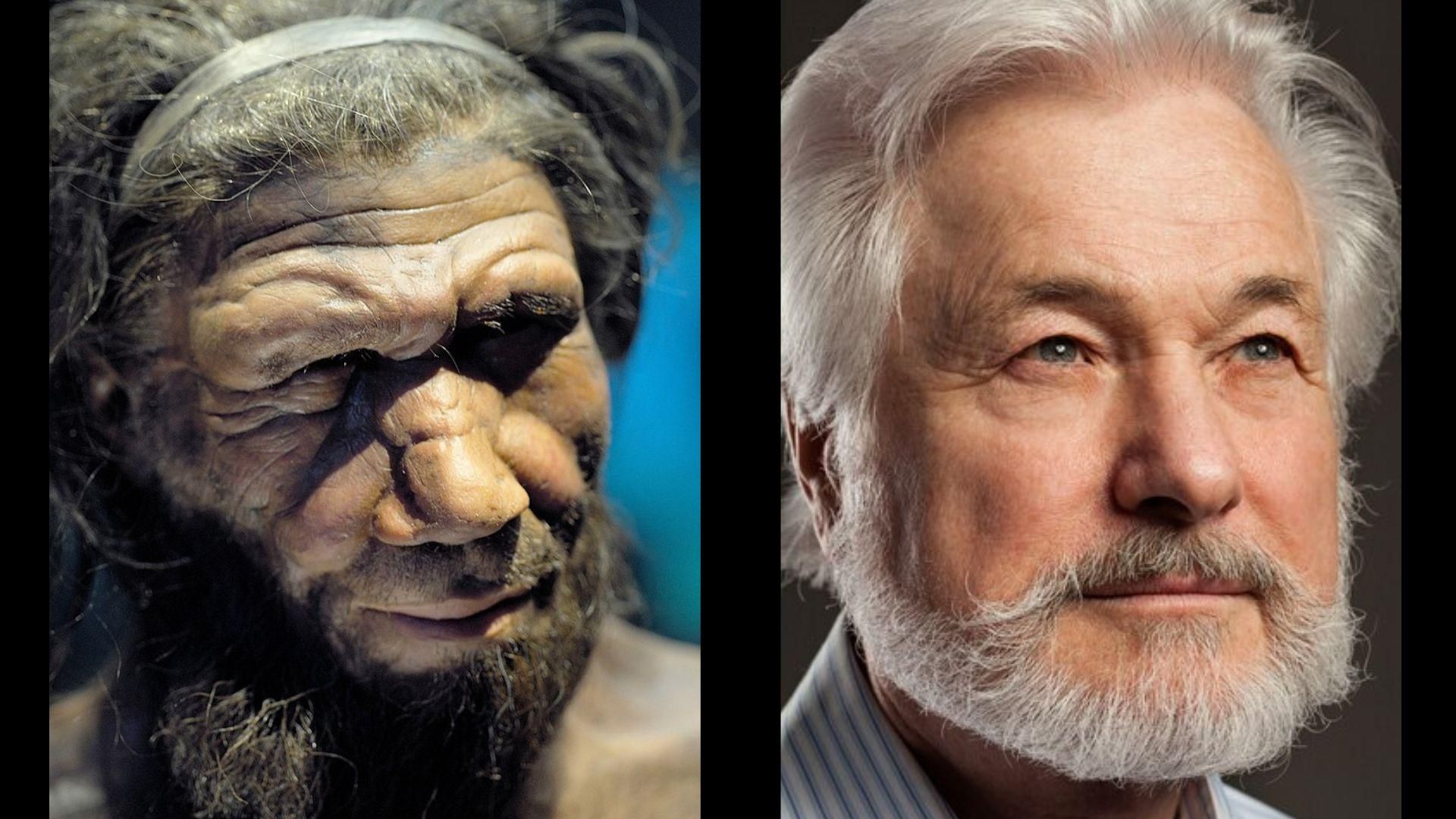 Reconstruction of the face of a male Neanderthal/Close-up photograph of an elderly man