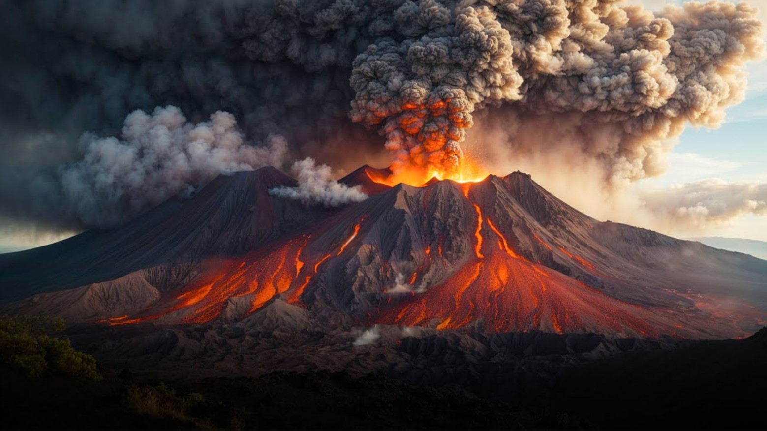 Digital illustration of a giant volcano erupting