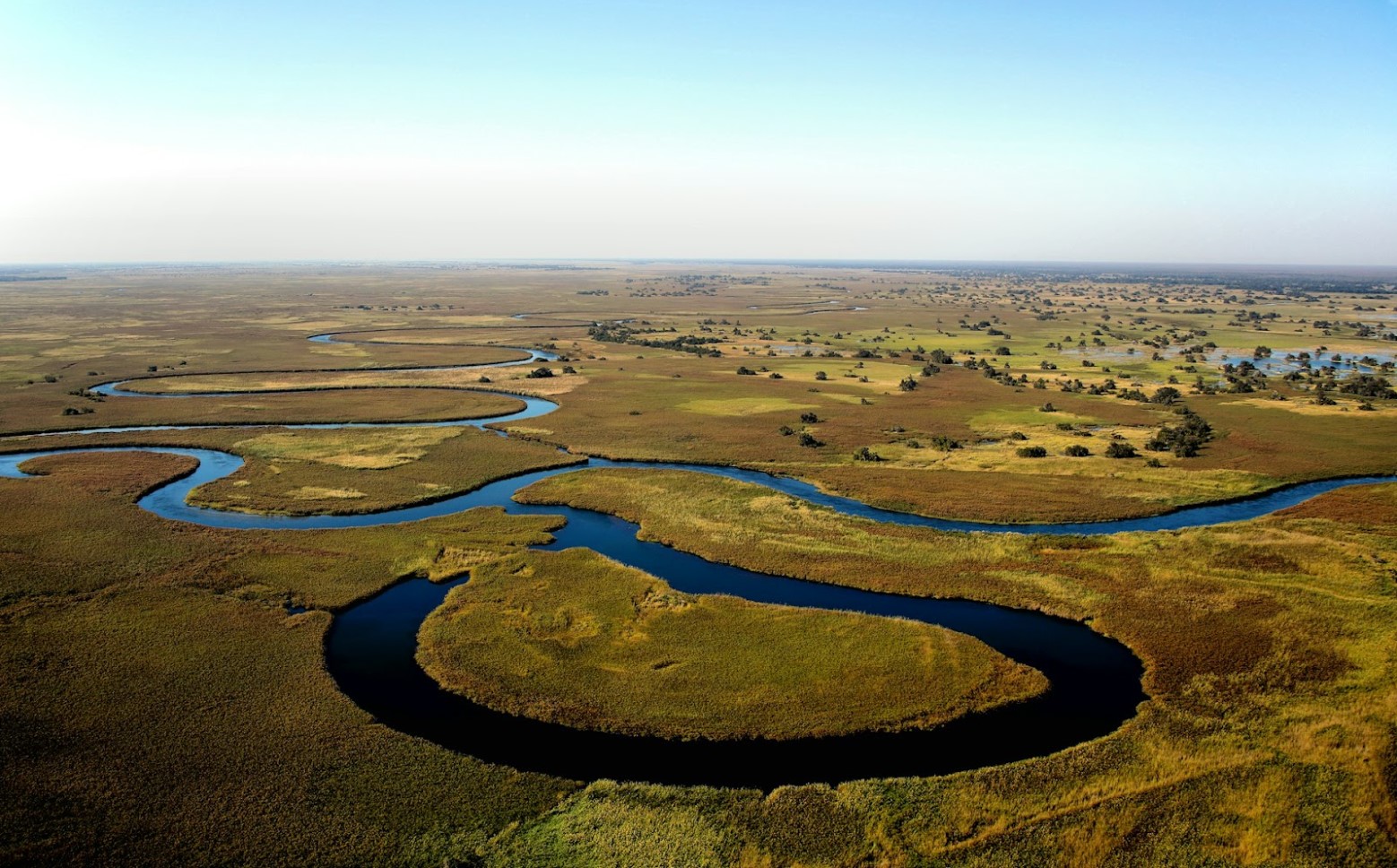 An aerial shot of the Okavango River