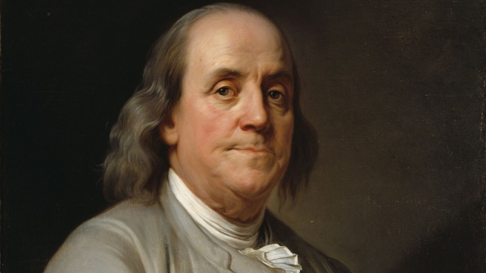 A painting of Benjamin Franklin against a dark background.