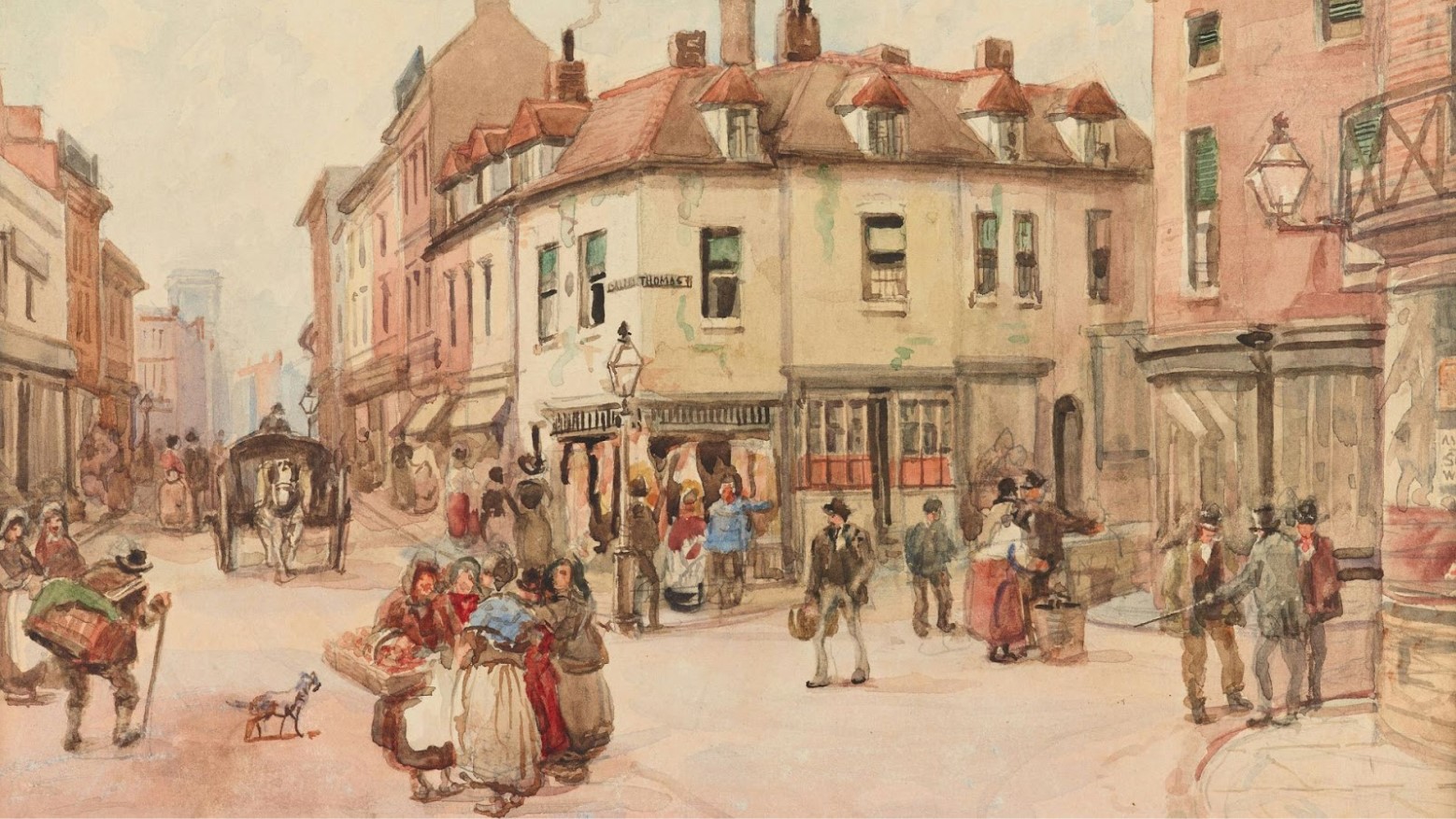 An old painting by George Warren Blackham of people on an English street by buildings.