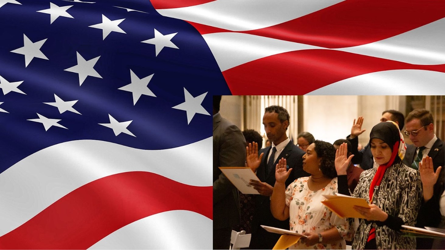 A composite image featuring two sections; on the left, a close-up of the American flag with a focus on the stars and stripes, and on the right, a group of individuals raising their right hands and holding folders during a naturalization ceremony
