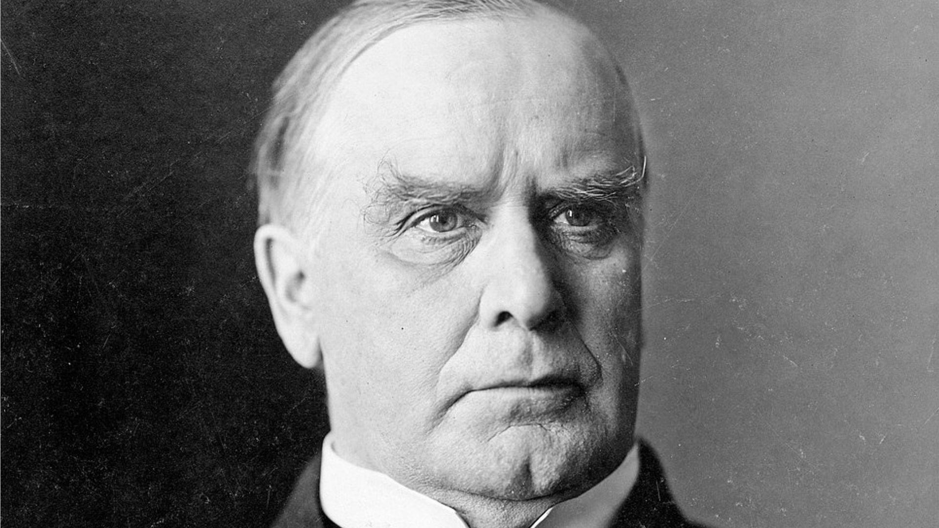 A black and white historical photograph of William McKinley, the 25th President of the United States