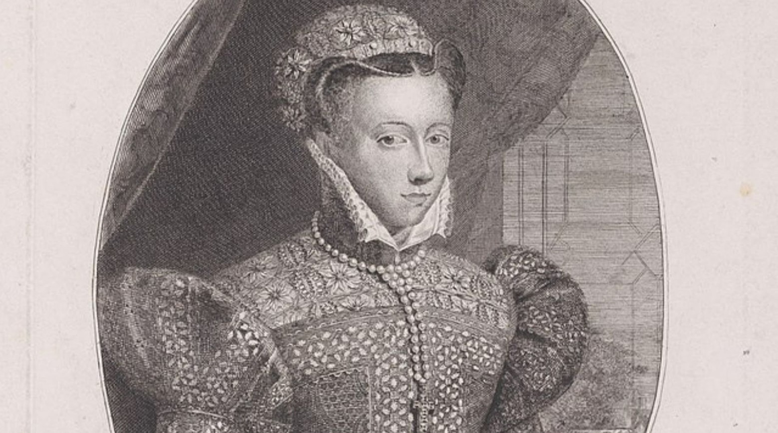 This is a black-and-white portrait of Mary Queen of Scots. She is wearing a headdress and a traditional Tudor dress, complete with a Tudor collar.